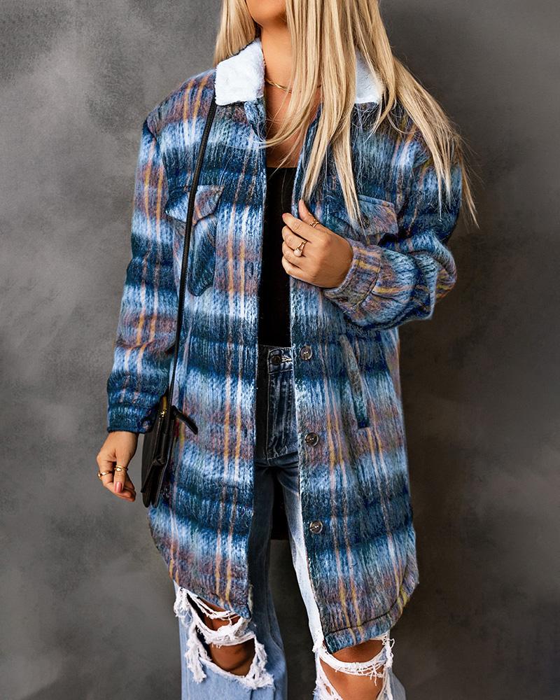 

Plaid Print Ombre Buttoned Lined Longline Shacket, Multicolor