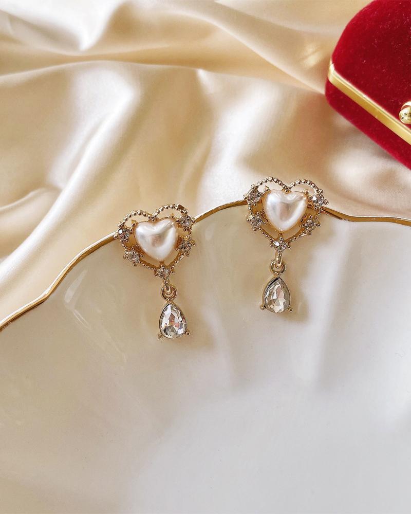 

1Pair Rhinestone Beaded Decor Heart Shaped Drop Earrings, Gold