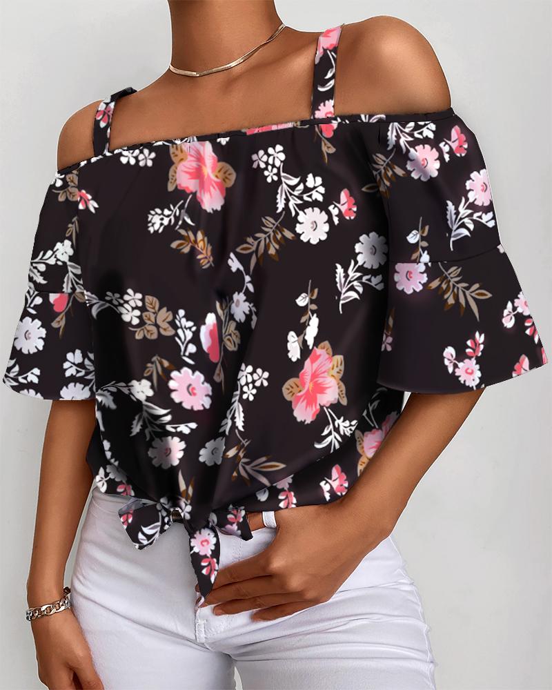 

Off Shoulder Casual Floral Print Blouse, Black