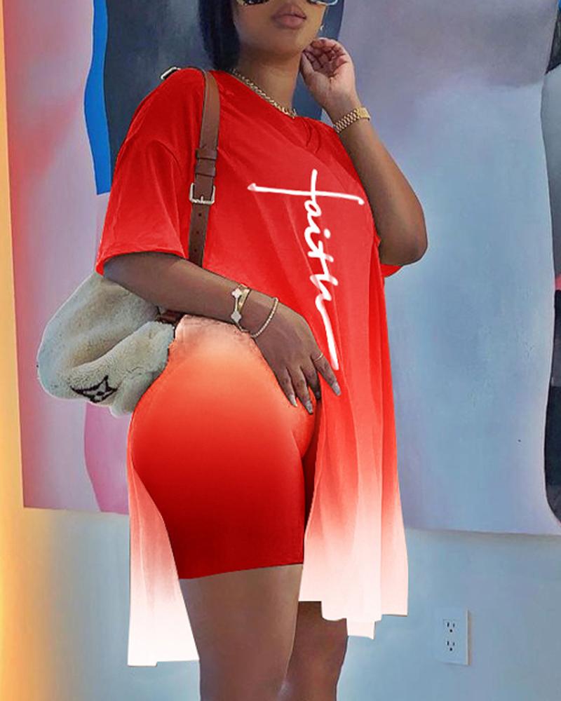

Plus Size Letter Print Ombre Split Hem Top & Shorts Set, Red