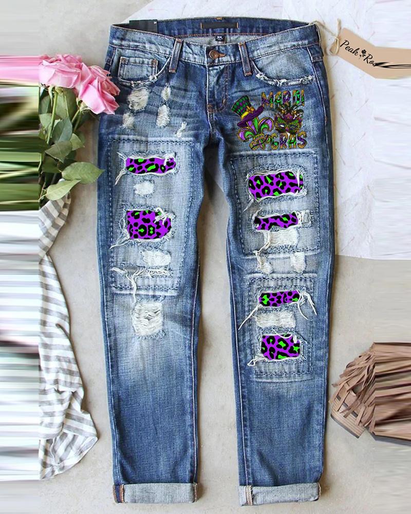

Mardi Gras Graphic Leopard Print Patchwork Jeans, Blue