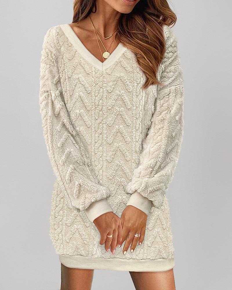 

V-Neck Fuzzy Textured Fleece Casual Dress, Apricot