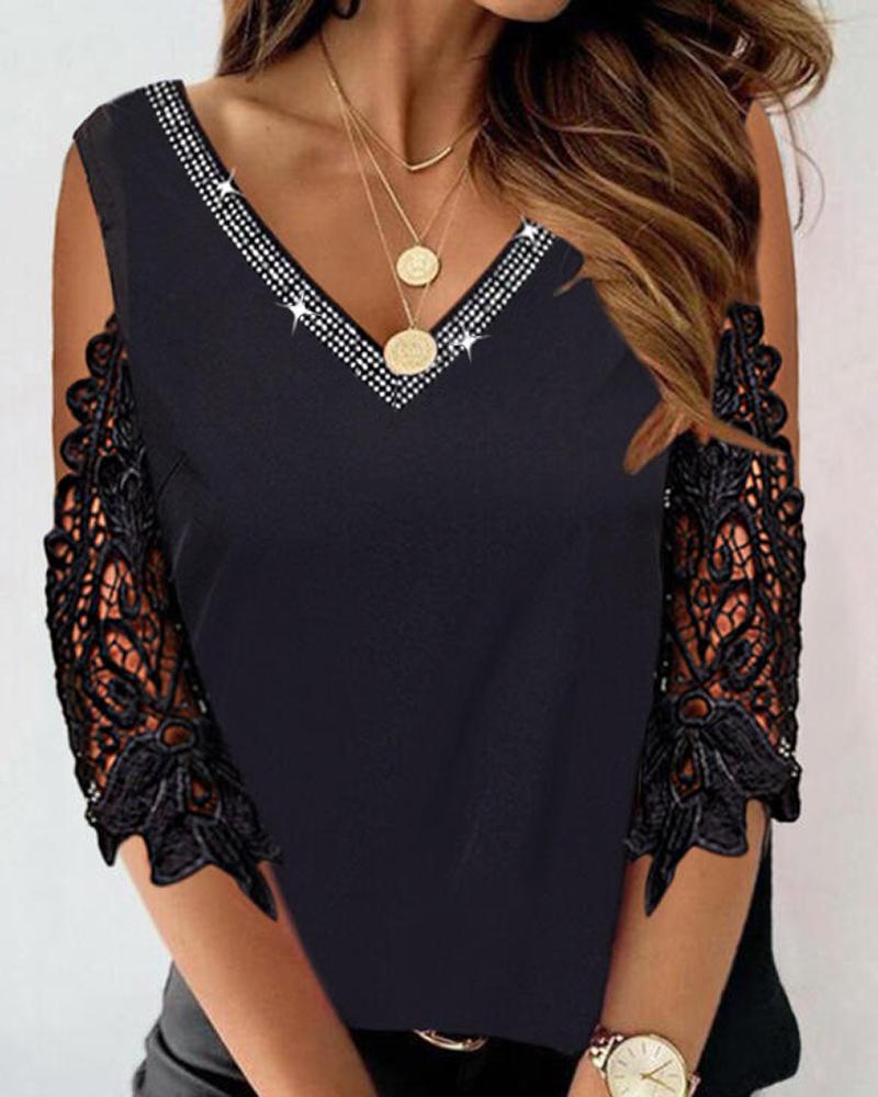 

Rhinestone Decor Lace Patch V-Neck Top, Black