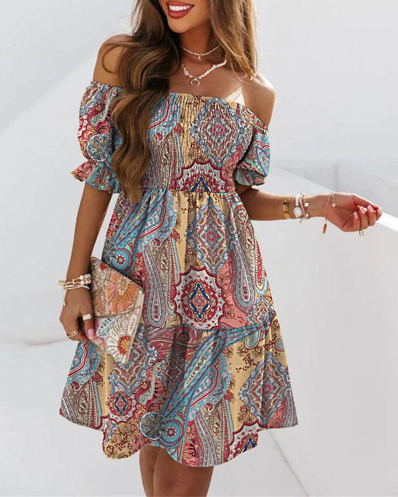 

Puff Sleeve Off Shoulder Paisley Print Swing Dress, Multicolor