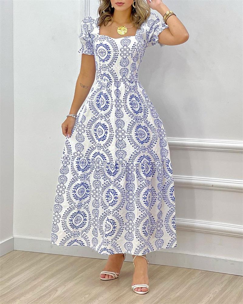 

Tribal Print Puff Sleeve Maxi Dress, Blue
