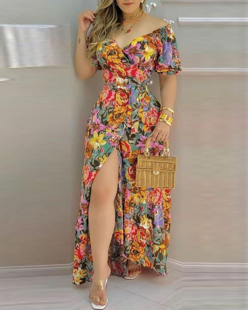 

Floral Print Split Thigh Belted Wrap Maxi Dress, Multicolor