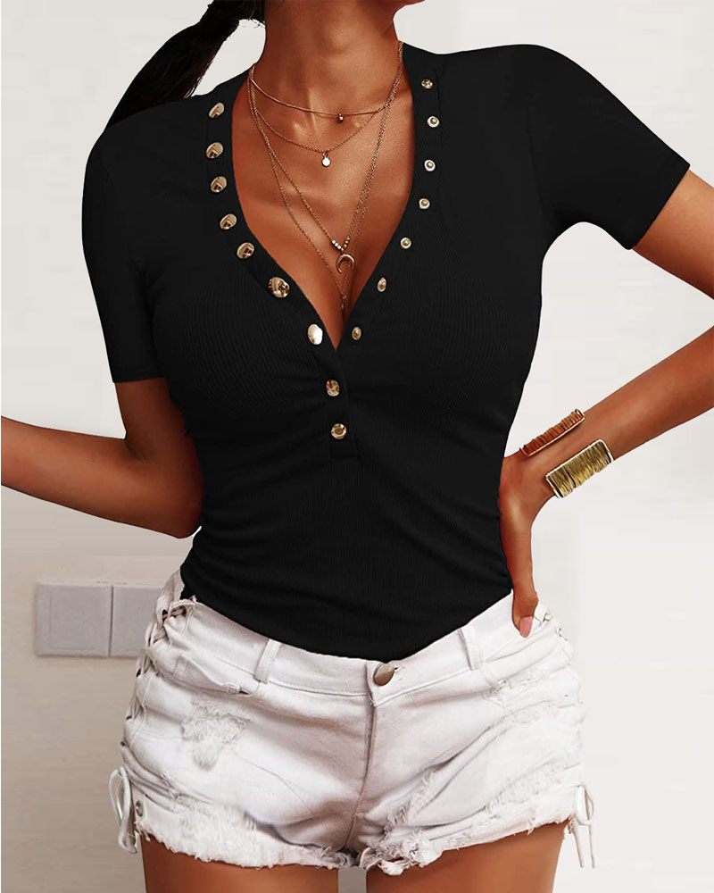 

Short Sleeve V-Neck Snap Button Ribbed Top, Black