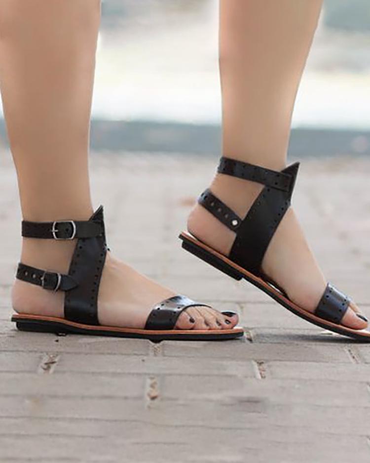

Eyelet Buckled Single Strap Flat Sandals, Black