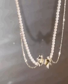 

Double Layered Pearls Chain Decor Bowknot Pattern Choker, Silver