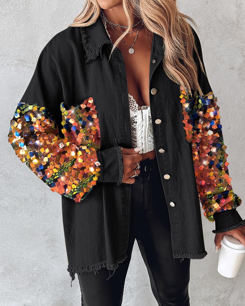 

Contrast Sequin Long Sleeve Jacket Top Button Front Raw Hem Loose Fit Shacket, Black
