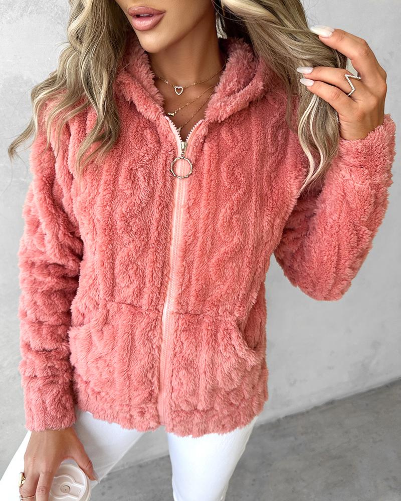 Zipper Design Fuzzy Textured Hooded Fleece Coat