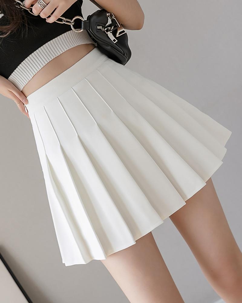 

Plain High Waist Pleated Skirt, White