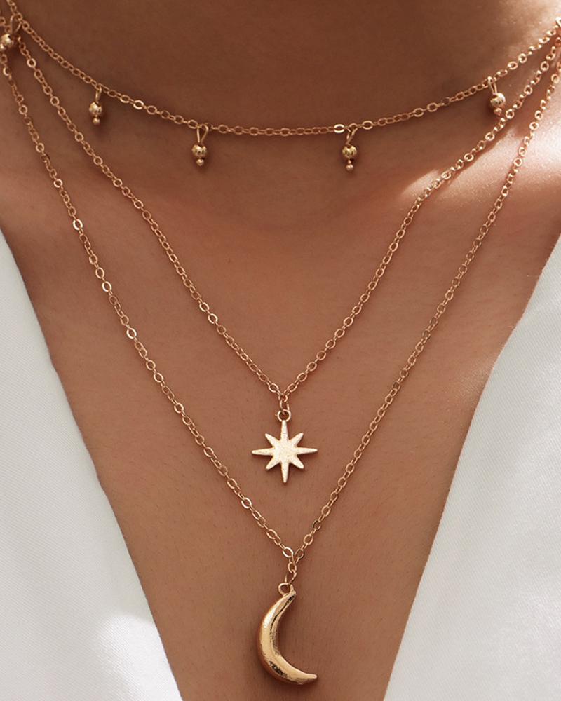

3pcs Star Moon Pendant Multi Layered Chain Necklace, Gold