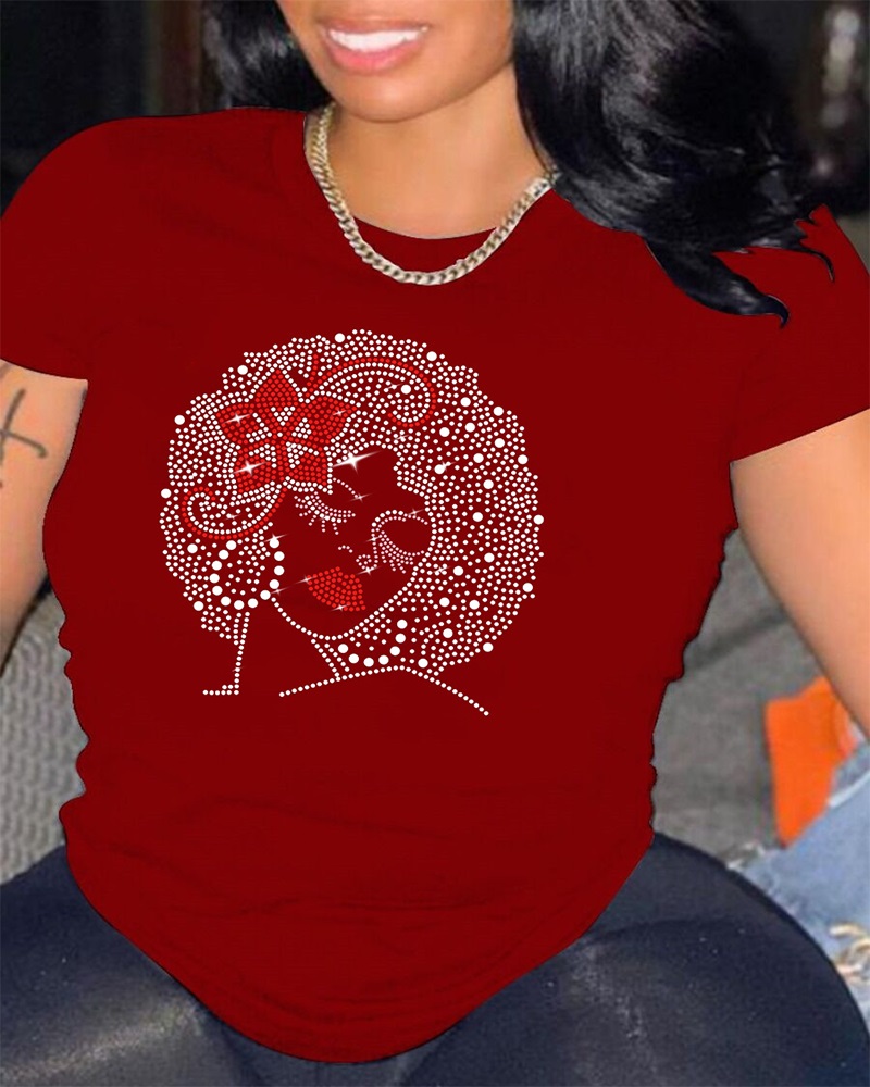 

Rhinestone Figure Pattern Casual T-shirt, Red