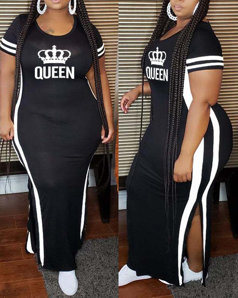 

Plus Size Letter Crown Print Split Hem Casual Dress, Black