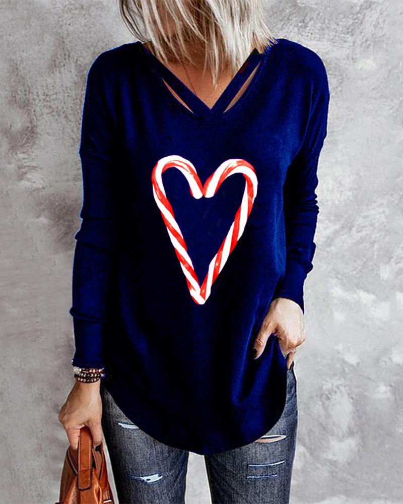 

Heart Print Long Sleeve Top, Blue