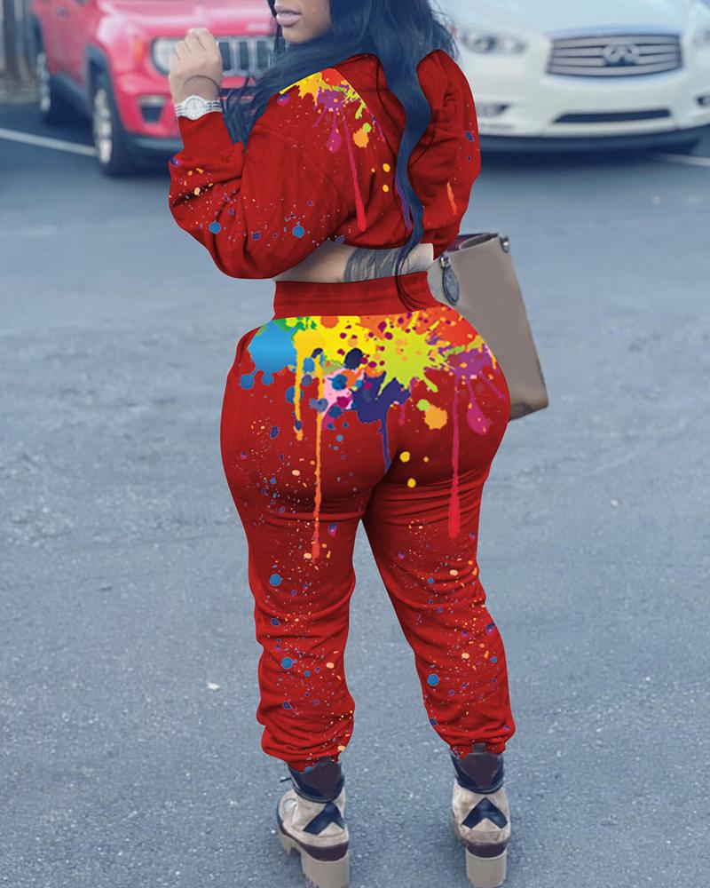 

Ink Splash Print Hooded Top & Pants Set, Red