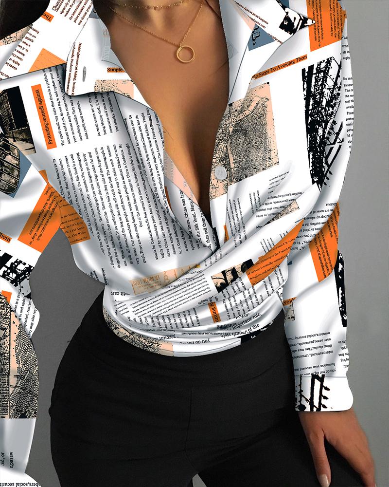 

Newspaper Print Long Sleeve Button Front Shirt, White