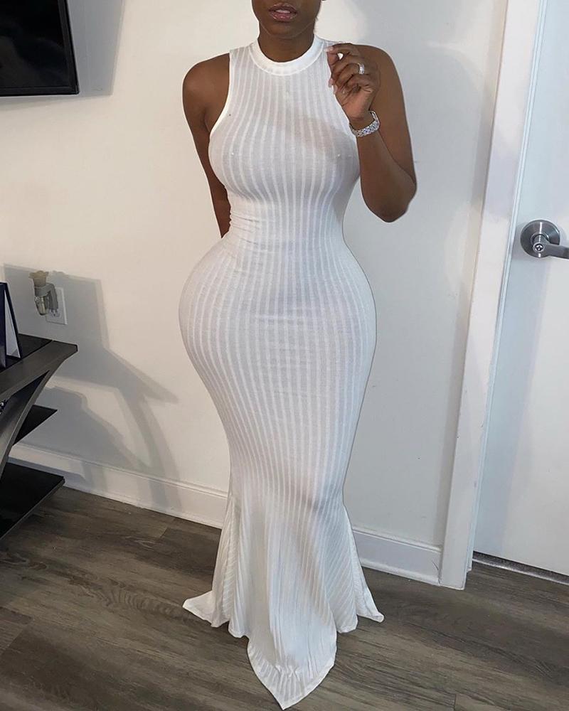 

Solid Ribbed Sleeveless Mermaid Dress, White