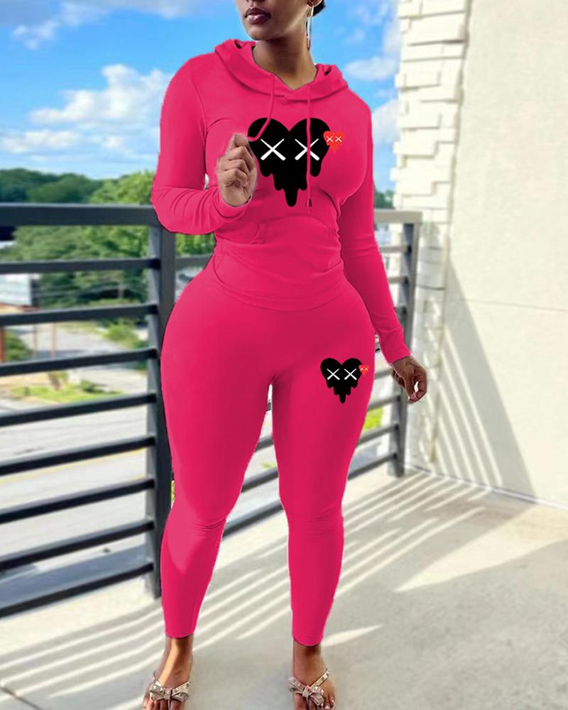 

Heart Print Long Sleeve Casual Top & Pants Set, Hot pink