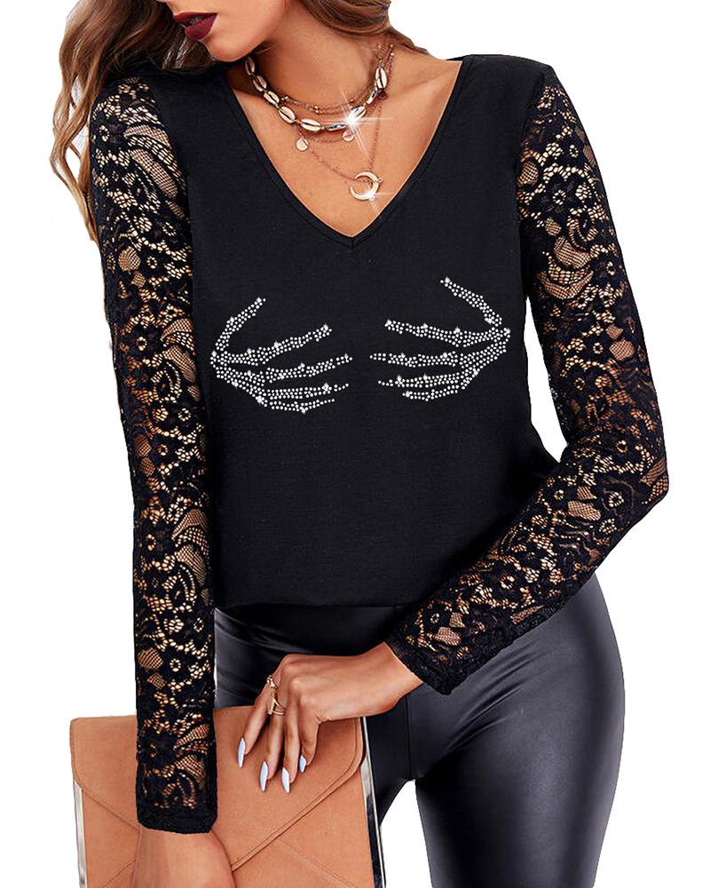 

Valentine' Day Long Sleeve Crochet Lace Rhinestone Top, Style2