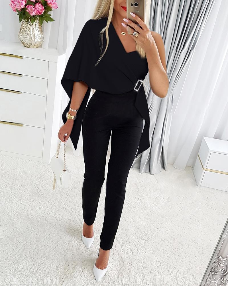 

Patchwork Buckle Decor One Shoulder Jumpsuit, Black
