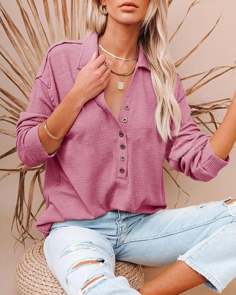 

V Neck Long Sleeve Button Design Top, Pink