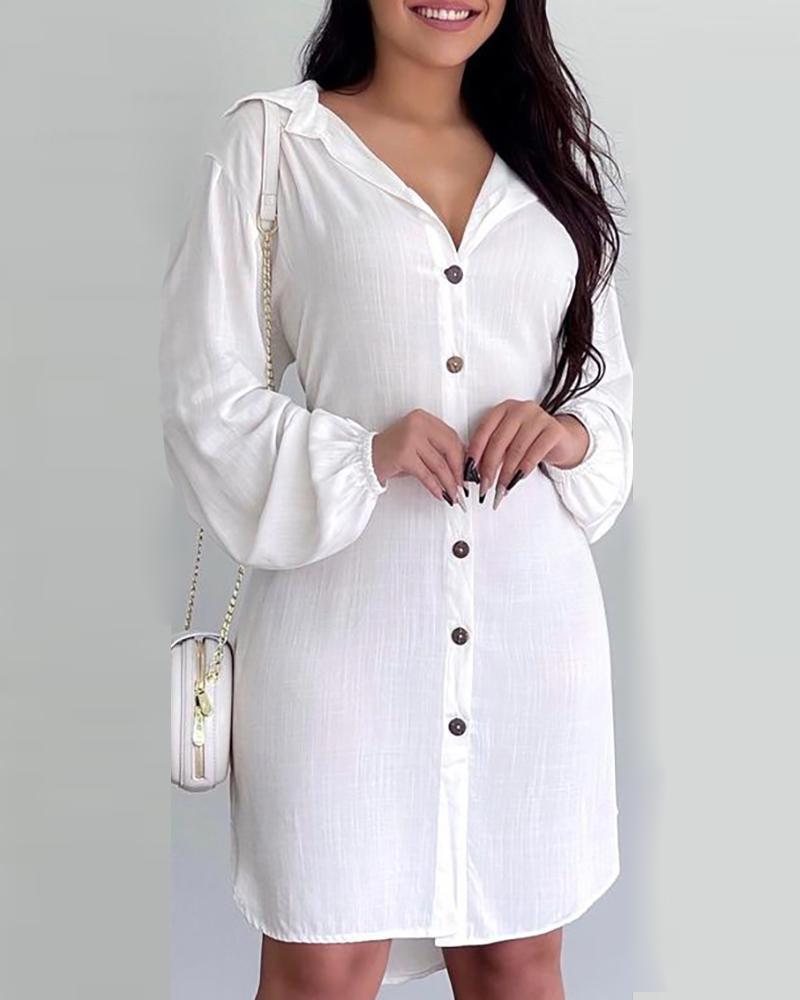 

Lantern Sleeve Button Design Shirt Dress, White