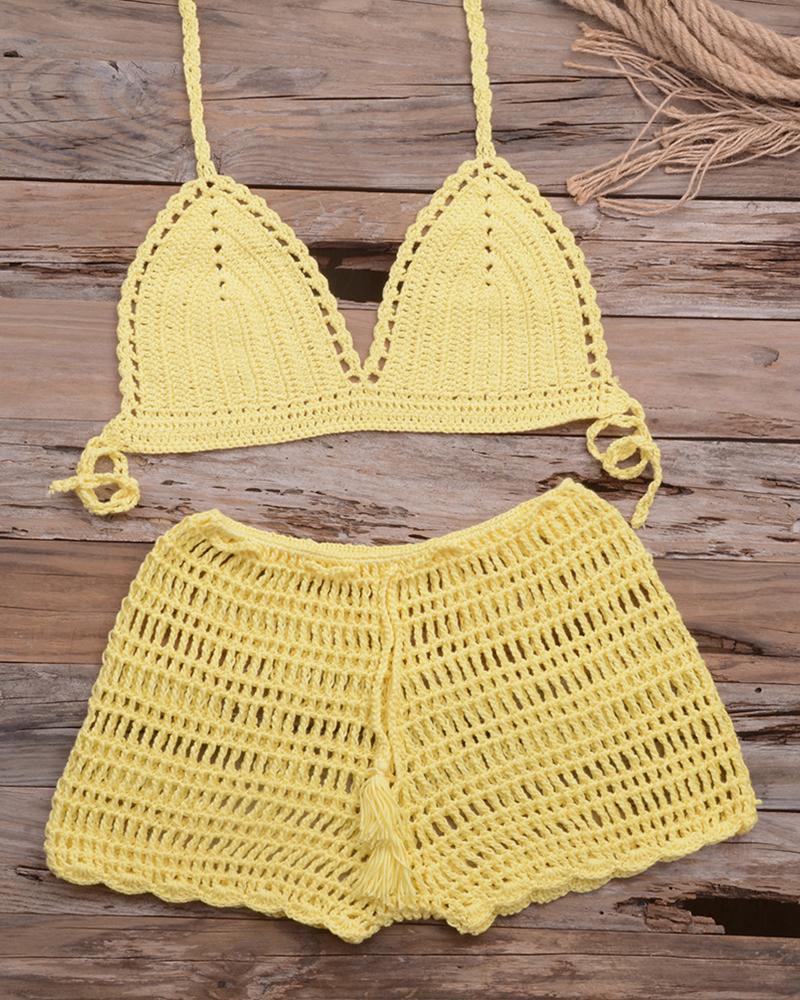 

Solid Strap Cut-out Skinny Tanks With Cut-out Shorts Sexy Sets, Yellow