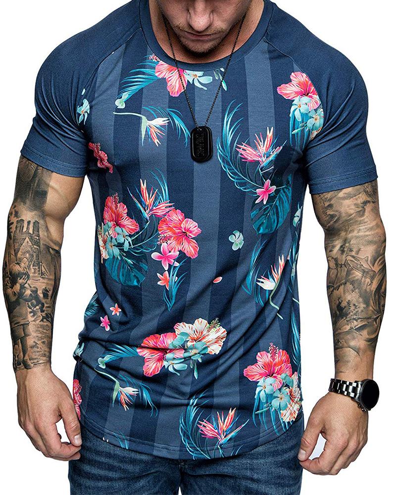 

Floral Print Short Sleeve Sport T-shirt, Dark blue