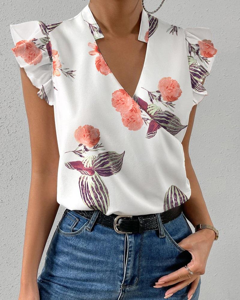 

Tropical Print Flutter Sleeve Wrap Blouse, White