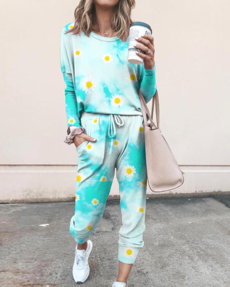 

Tie Dye Daisy Print Top & Drawstring Pants Set, Blue