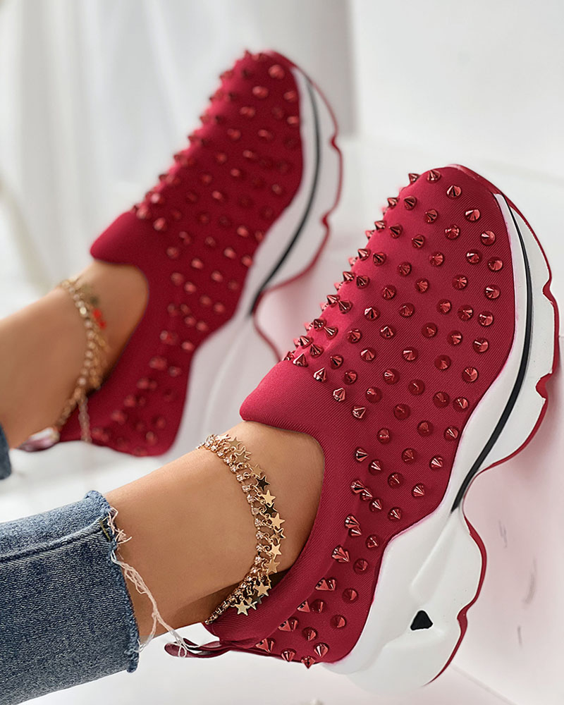 

Studded Wedge Slip On Sneakers, Red