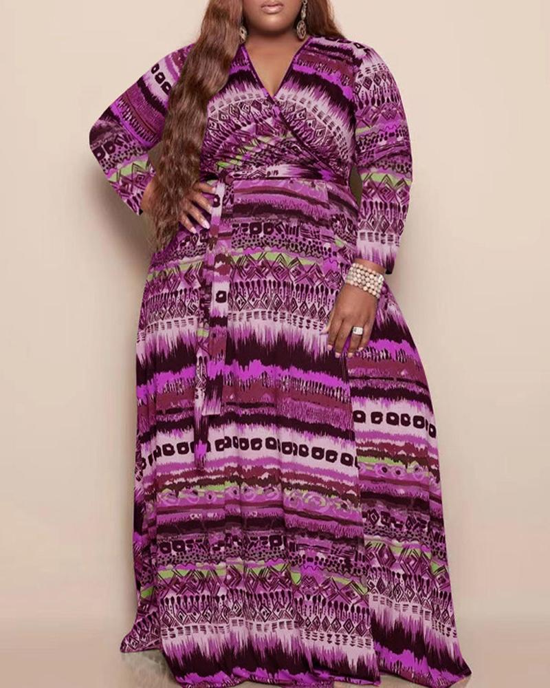 

Plus Size Tribal Print Long Sleeve Wrap Maxi Dress, Hot pink