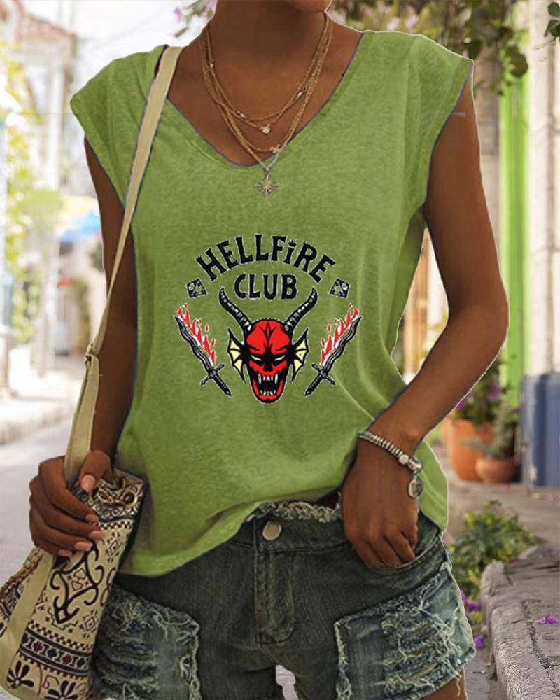 

Halloween Graphic Tee Letter Print Casual Tank Top, Green