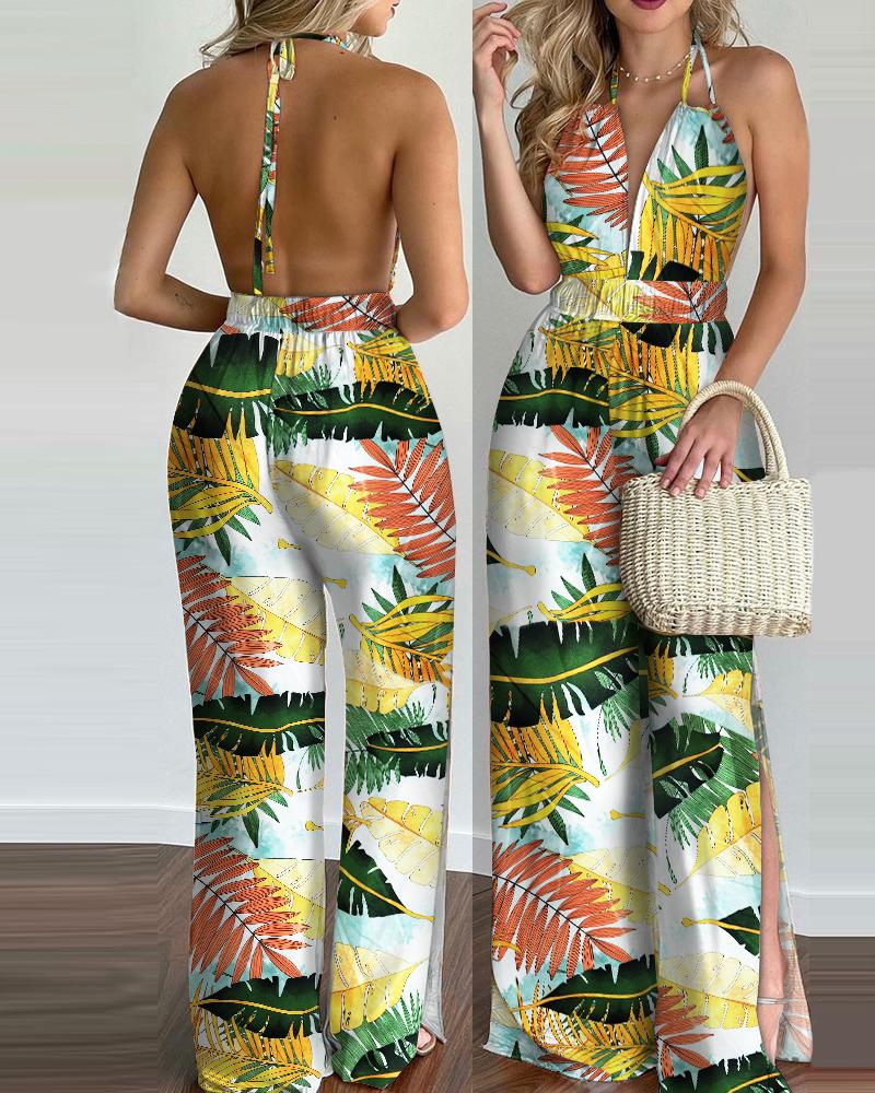 

Tropical Print Halter Backless Slit Leg Jumpsuit, Multicolor