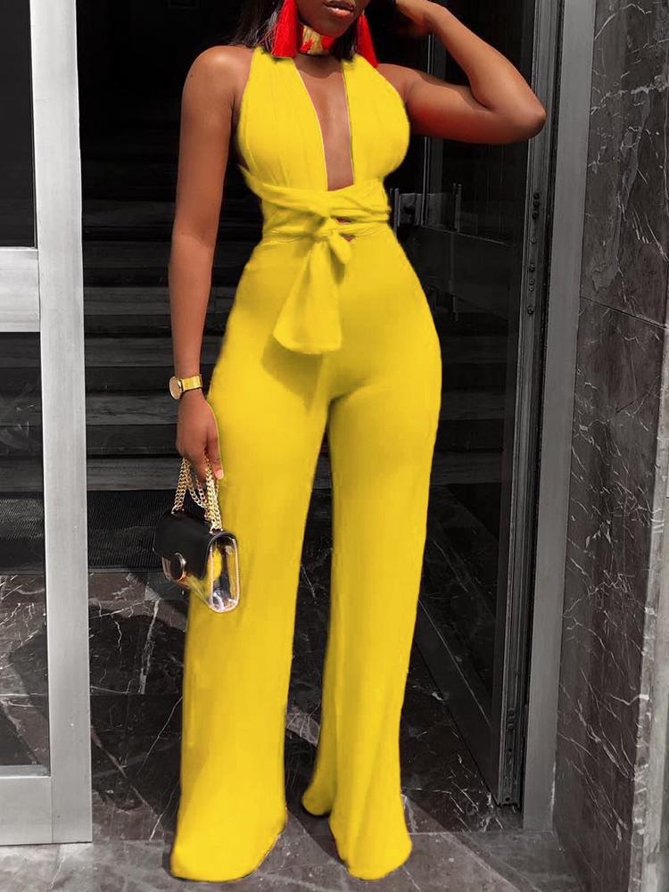 

Halter Plunge Tie Waist Wide Leg Jumpsuit, Yellow