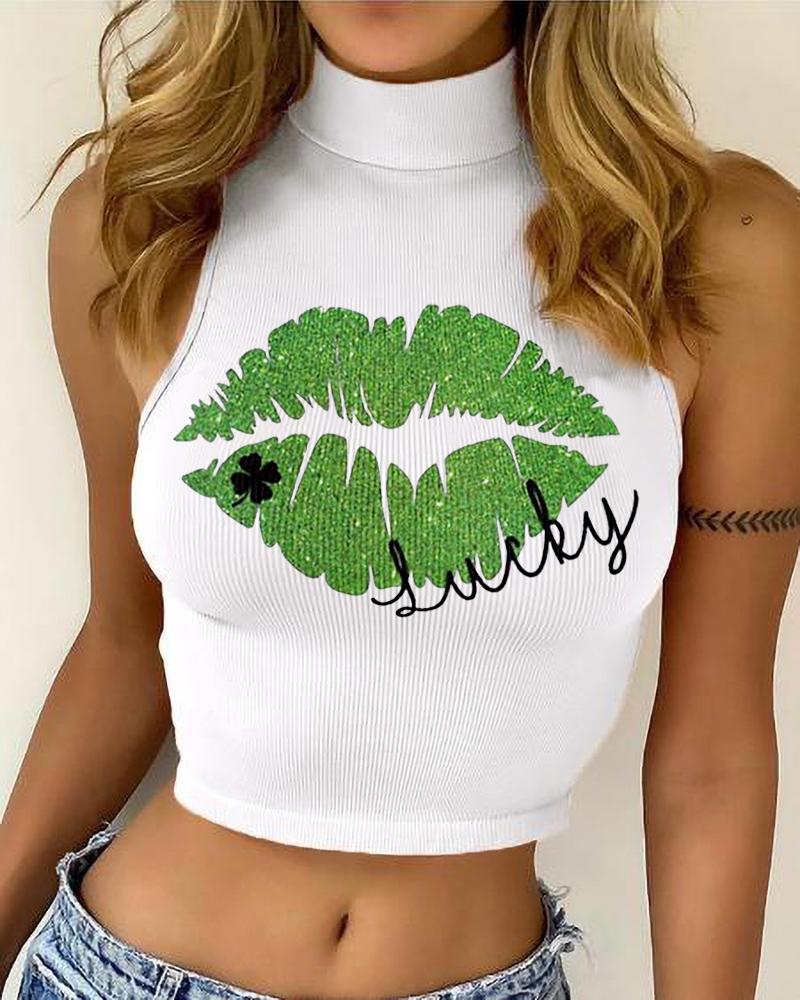 

St. Patrick' Day Lip Clover Print Ribbed Crop Tank Top, White