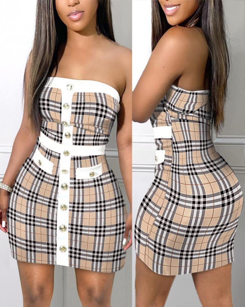 

Plaid Print Button Decor Bodycon Tube Dress, Brown