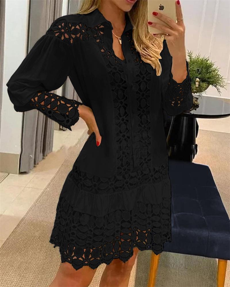 

Guipure Lace Patch Shirt Dress With Cami Dress, Black