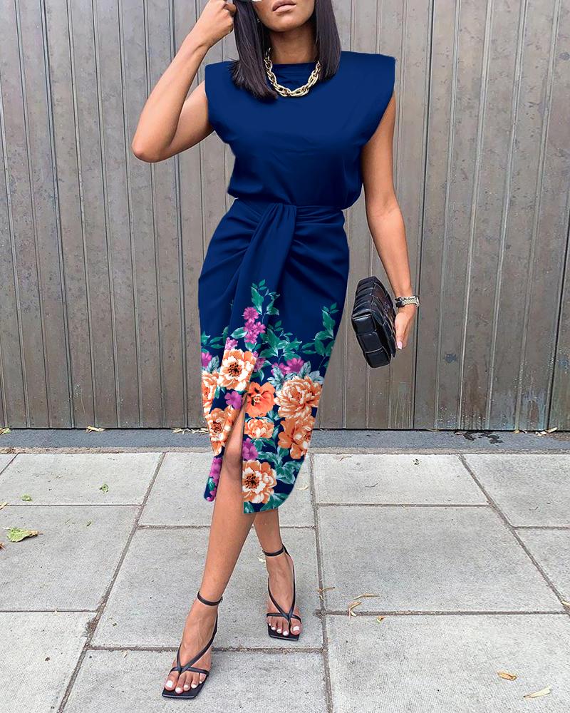 

Shoulder Pad Top & Floral Print Ruched Slit Skirt Set, Blue