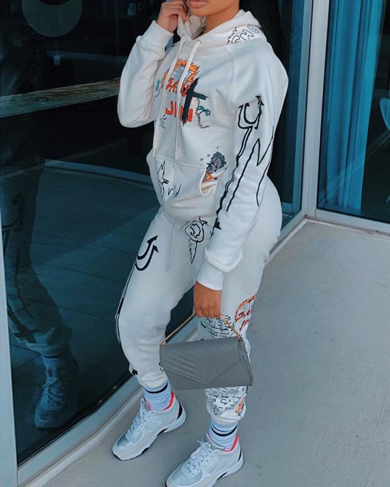 

Plus Size Cartoon Letter Print Hooded Top & Drawstring Pants Set, White