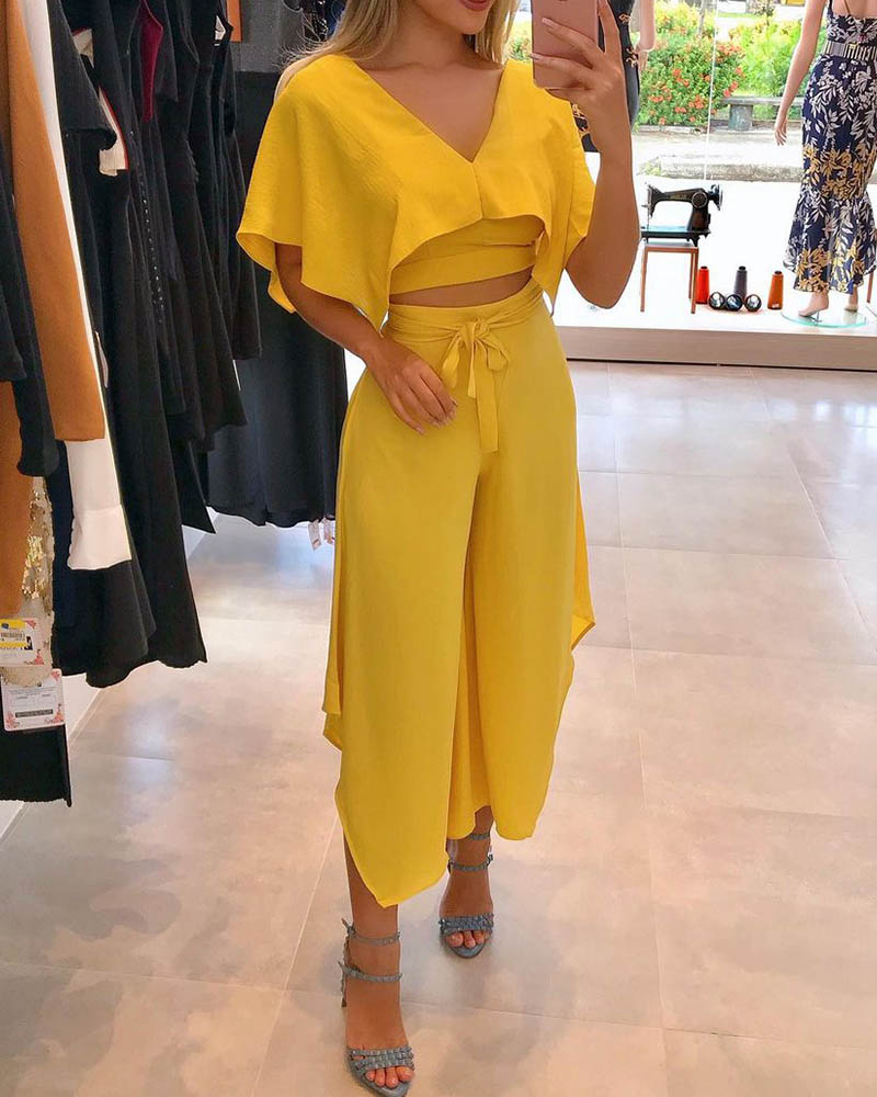 

Ruffles Trim Crop Top & Plain Pants Set, Yellow
