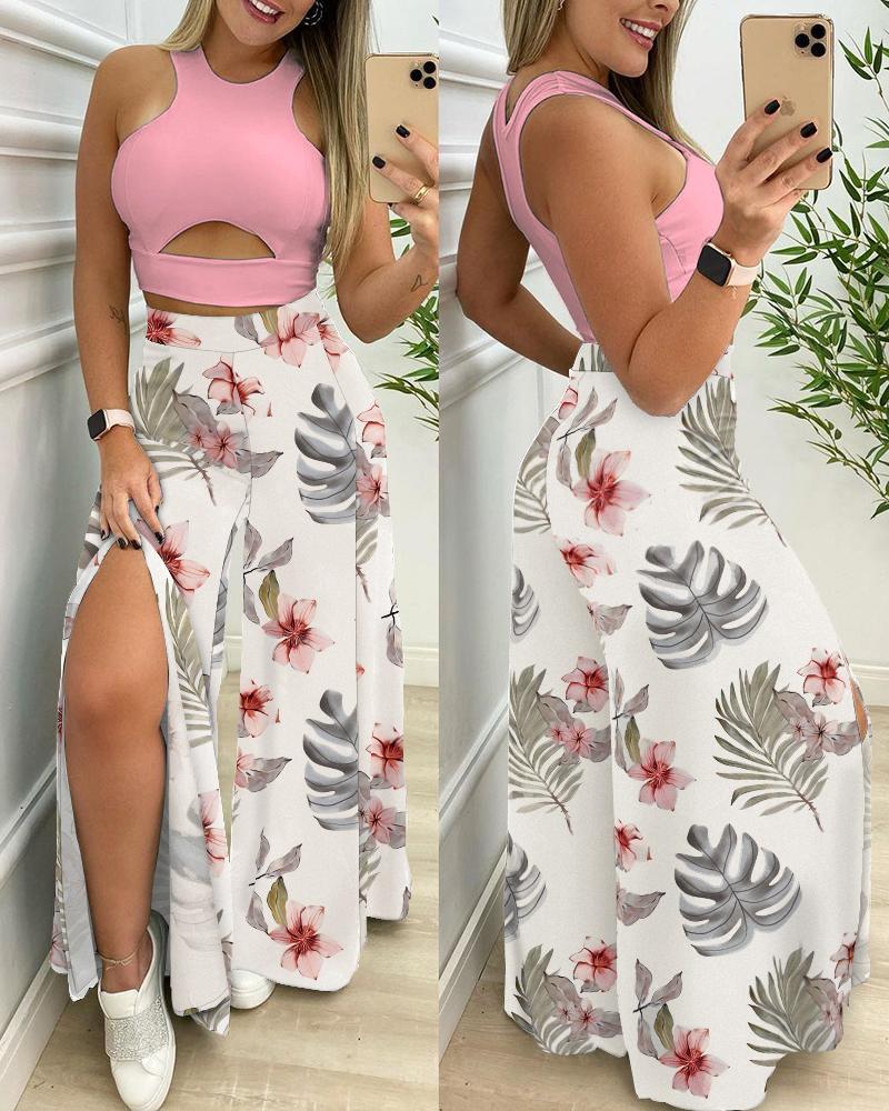 

Cutout Crop Tank Top & Tropical Print Slit Wide Leg Pants Set, Pink
