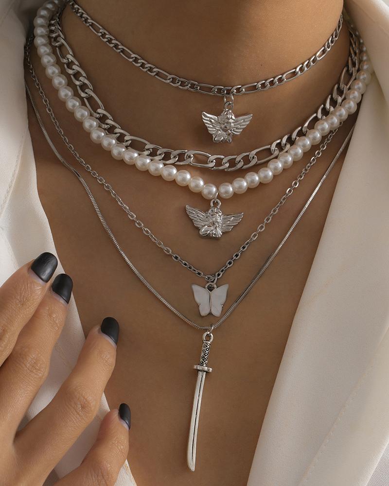 

5pcs Butterfly Angle Sword Pendant Beaded Chain Necklace, Silver