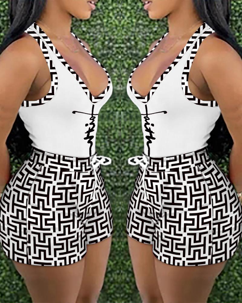 

Faith Geometric Print Tank Top & Drawstring Shorts Set, Blackwhite