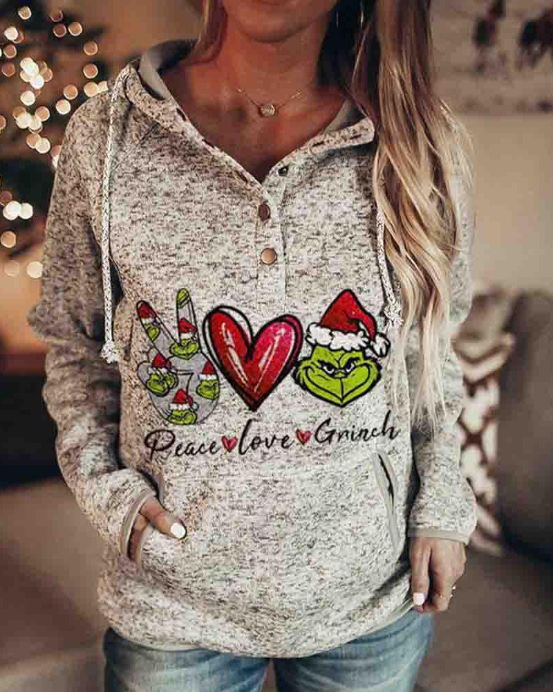 

Christmas Cartoon Letter Print Hooded Top, Gray