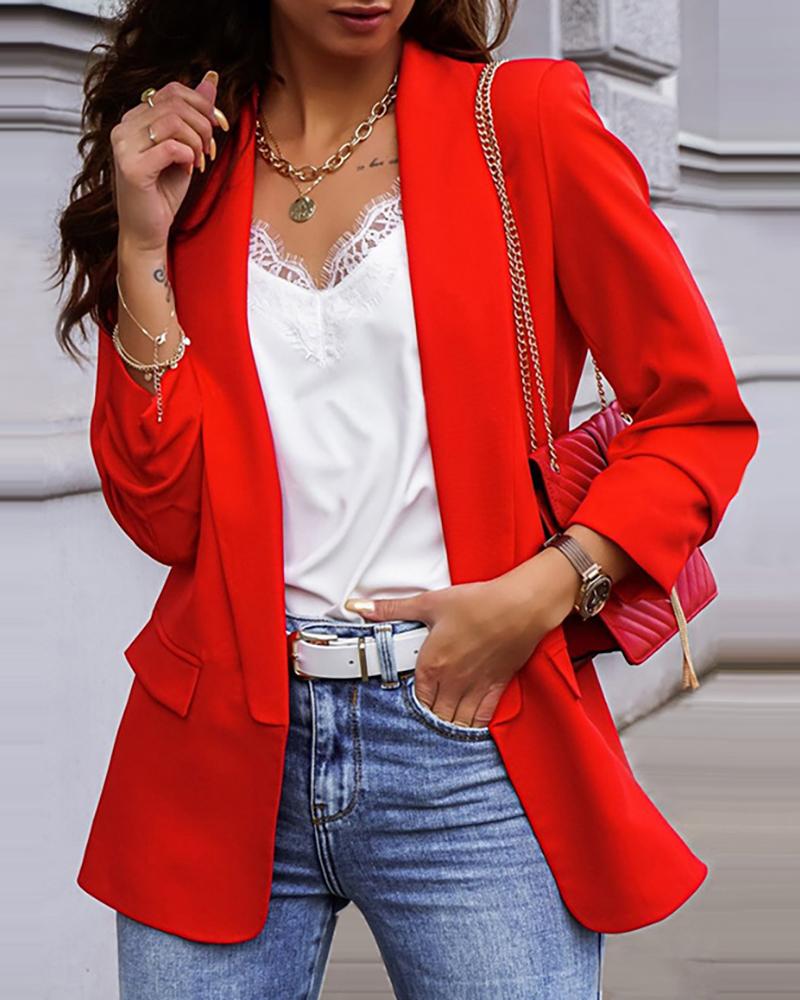

Solid Long Sleeve Pockets Blazer Coat, Red