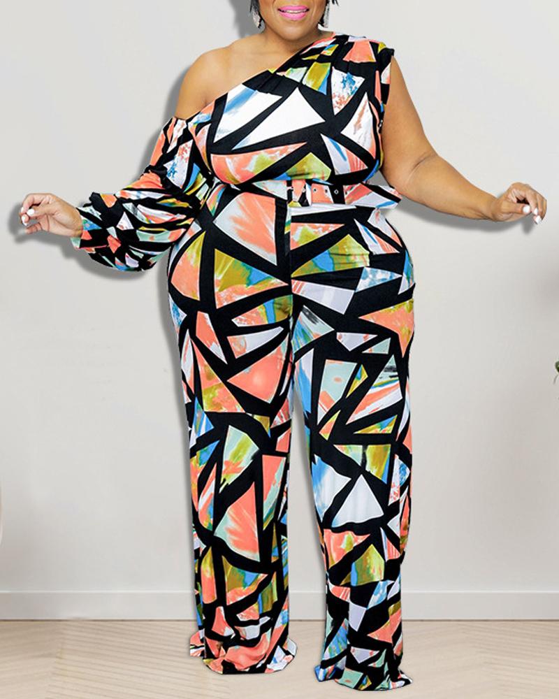 

Plus Size Geometric Print Cold Shoulder Belted Jumpsuit, Orange