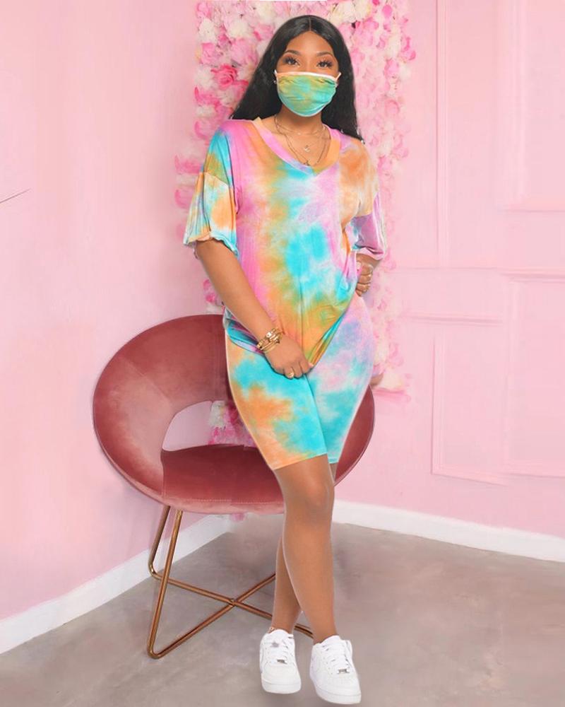 

Tie Dye Print V-neck Women Top & Shorts Set, Green